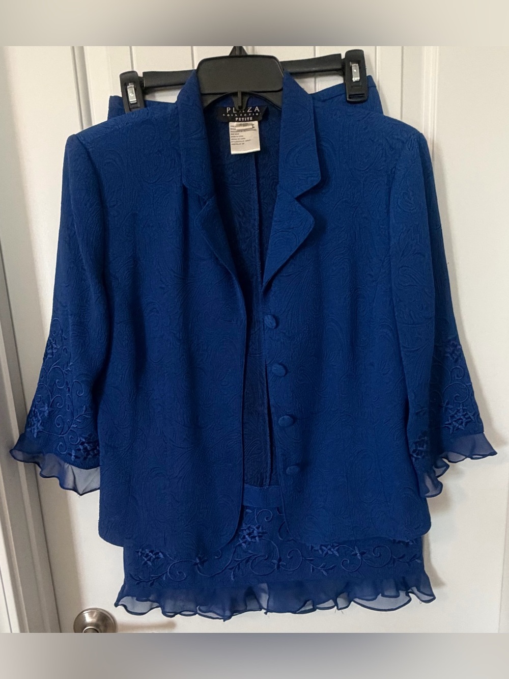 Women's Royal Blue Embroidered Jacket & Skirt Set Chiffon Trim
